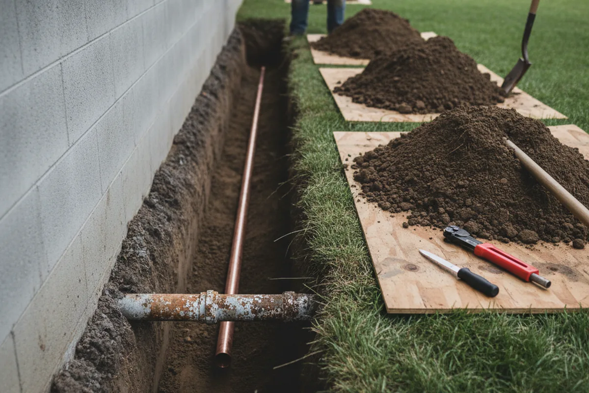Excavated water line trench during Water Softener Installation in Gualala